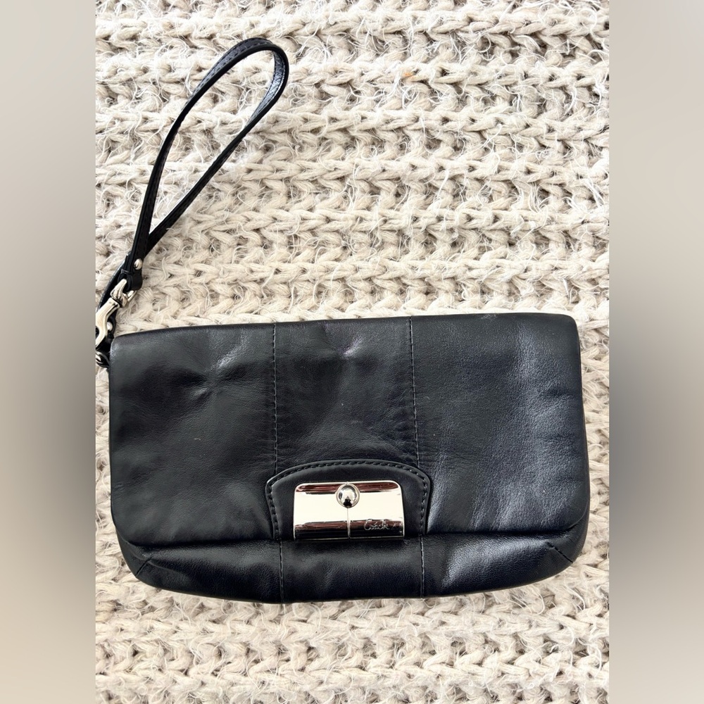 Coach Black Leather Wristlet with Silver Accent